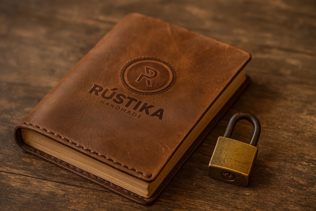 Libreta de cuero artesanal con candado sobre madera, representa la protección de datos en la política de privacidad de Rústika Handmade.

