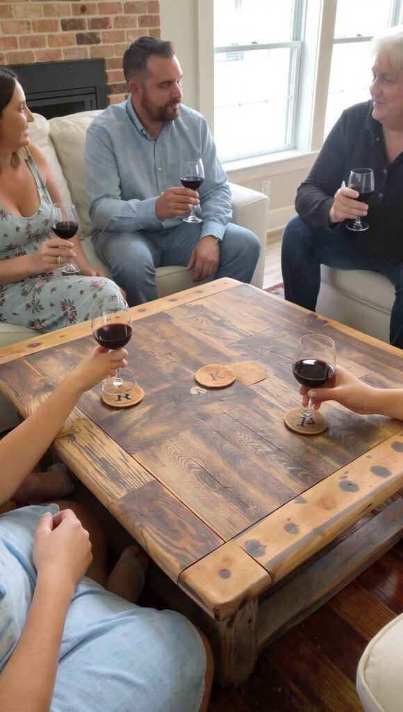 Grupo de amigos compartiendo copas de vino en una mesa rústica decorada con posavasos artesanales